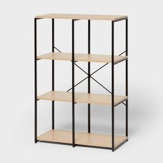 the four tier shelving unit is shown in black and oak