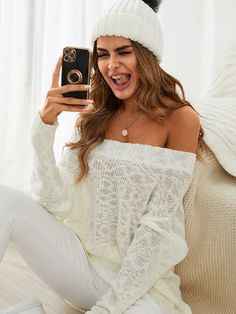 Solid Drop Shoulder Off-shoulder Loose Knit Sweater White Off-shoulder Fall Sweater, Casual Off-shoulder Sweater, Off-shoulder Knit Sweater, Winter Off-shoulder Sweater, Off-shoulder Soft Knit Sweater, Spring Off-shoulder Knitted Sweater, Soft Knit Off-shoulder Sweater, Spring Knitted Off-shoulder Sweater, Knitted Off-shoulder Sweater For Spring