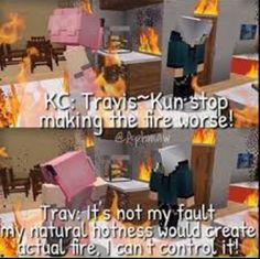 there is a fire in the room and two pictures are shown with words on them