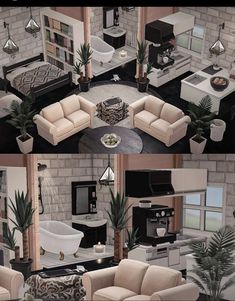 three different views of a living room with couches, chairs and other furniture in it