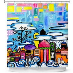 a colorful shower curtain with cityscape and clouds in the sky, on a white background