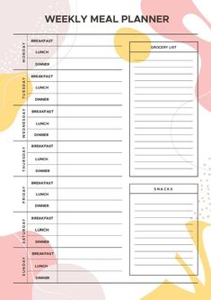 the weekly meal planner is shown in pink, yellow and white with an abstract background