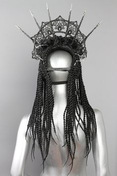 Blue Moon Inspired - Obsidian, Queen of the Night - HEADGEAR VI (2018) - Headgear -  - FIVE AND DIAMOND Handmade Black Headpiece For Costume, Black Mystical Crown Headpiece, Handmade Black Fantasy Headpieces, Black Handmade Fantasy Headpieces, Black Fantasy Handmade Headpieces, Handmade Black Festival Headpieces, Black Structured Crown Headpiece For Festival, Black Fantasy Headpiece With Structured Crown, Fantasy Festival Headpiece With High Crown