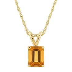 "Adorned with an emerald-cut citrine, this eye-catching pendant completes your elegant look. Adorned with an emerald-cut citrine, this eye-catching pendant completes your elegant look. Pendant size: 5/8""L x 1/4""W Chain length: 18 in. Chain type: rope Metal: 14k gold Plating: rhodium Finish: polished Packaging: boxedSTONE DETAILS Stone type: citrine Total weight: 1 5/8 ct. Stone size: 8 mm x 6 mm Shape: emerald cut Setting: prong Gemstones may have been treated to enhance their appearance. Spec Prada Boots, Citrine Pendant, Blue Topaz Pendant, Yellow Gemstones, Pendant With Chain, Yellow Gold Pendants, Emerald Cut, Gemstone Pendant, Gold Plating