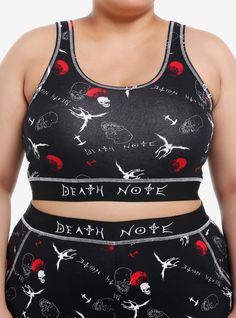 Kick back and enjoy some apples in Shinigami style! This Death Note lounge tank top features an allover print of Ryuk  apple cores  gothic L's and more. Comes with contrast white stitching and the Death Note logo on the waistband. Pair with the matching shorts for the complete look!95% cotton; 5% spandexWash cold; dry lowImportedModel is 5'10"Model wears size 1 Hot Topic Clothes, Tank Top Plus Size, Emo Clothes, Right Arrow Icon, Emo Outfits, Top Plus Size, 1 Girl, Cropped Tank Top, Crop Tank