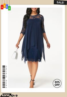 Navy Blue Three Quarter Sleeve Chiffon Overlay Lace Dress Elegant Chiffon Dress With Lace Patchwork, Blue Sheer Midi Dress For Party, Blue Knee-length Chiffon Dress, Blue Knee-length Chiffon Evening Dress, Spring Chiffon Dress With Overlay, Long Sleeve Dresses With Overlay For Summer, Blue Chiffon Evening Dress For Summer, Elegant Blue Dress With Overlay, Summer Chiffon Dress With Overlay