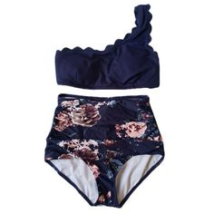 I Was So Excited For This But It Didn't Arrive In Time For Waikiki 2 Piece, Totally New, Unworn, Scalloped One Shoulder Navy Top & Ruched High Waisted Floral Bottoms. Size Small Looks Like It Could Fit A Size Medium Fitted Navy Tankini For Summer, Navy Tankini For Summer Pool Days, Navy Fitted Tankini For Summer, Fitted Navy Swimwear For Sunbathing, Navy Fitted Swimwear For Sunbathing, Navy Tankini For Pool And Summer, Navy Swimwear For Summer Beach Party, Navy One-piece Swimwear For Pool, Navy Swimwear For Beach Party In Summer