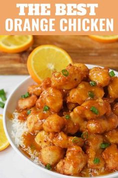 the best orange chicken is served with rice and garnished with cilantro