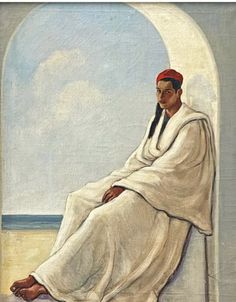 a painting of a person sitting on a wall