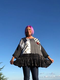 Black and White Tunic Top Oversized Plus Size Clothing Long | Etsy Oversized Plus Size, Outfit 2020, Patchwork Fashion, White Tunic Tops, Girls Unique, Ruffle Bell Sleeve, White Tunic, Comfy Dresses, Black White Dress