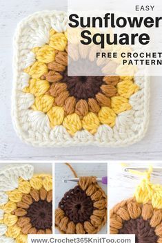 crochet sunflower square is shown with the text, free crochet pattern