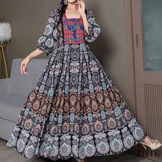 Lovely travel dress with vibrant Indian-inspired prints Indian Dresses For Women, Loungewear Dress, Indian Inspired, Travel Dress, Women Long Dresses, Lantern Sleeve, Estilo Boho, Inspired Dress, Types Of Skirts