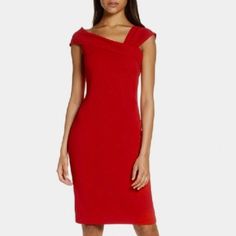 Vince Camuto Cherry Red Asymmetrical Neck Sheath Cocktail Dress | Bodycon - Tailored To Sculpt And Flatter Your Figure | Hidden Back-Zip Closure | Asymmetrical Neck | Cap Sleeves | Lined | Stretch Crepe / Scuba Knit - 94% Polyester, 6% Spandex | Size 6 | Length Across Chest Is 16.5” | Length Across Waist Is 14.5” | Length Across Hips Is 17” | Length From Shoulder To Bottom Hem Is 39.5” | Inseam Is 31.25” | Only Worn Once! Red Fitted Dress With Asymmetrical Neckline, Red Fitted Asymmetrical Dress, Red Fitted Asymmetrical Dress For Formal Occasions, Red Chic Fitted Asymmetrical Dress, Chic Red Fitted Asymmetrical Dress, Chic Red Asymmetrical Fitted Dress, Red Asymmetrical Formal Dress, Red Fitted Sleeveless Asymmetrical Dress, Elegant Red Midi Dress With Asymmetrical Neckline