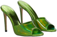 Green Evening Mules With Padded Heel, Evening Green Open Heel Mules, Green Open Heel Mules For Evening, Green Open Toe Formal Mules, Luxury Green Sandals With Padded Heel, Modern Green Open Toe Mules, Modern Green Sandals For Party, Glamorous Green Pointed Toe Sandals, Green Summer Evening Mules