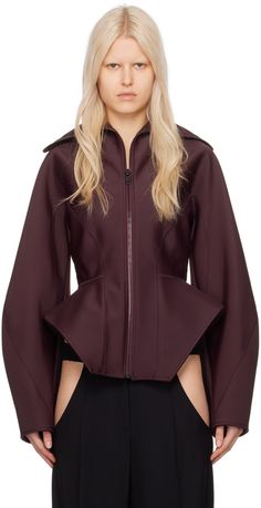 Stretch nylon neoprene jacket. · Funnel neck · Zip closure · Boning at waist · Flared hem · Balloon sleeves · Twill lining Supplier color: Dark raisin Industrial Womens Fashion, Balmain 2024, Scuba Outfit, Fencing Jacket, Futuristic Jacket, Neoprene Fashion, Flared Jacket, Neoprene Jacket