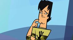 a cartoon character holding a folder and looking at the viewer's hand in front of his face