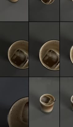 various shots of coffee being poured into a cup