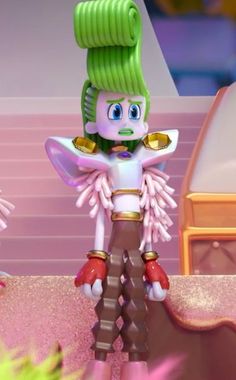 an animated character with green hair standing in front of a pink wall