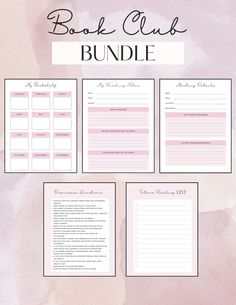 the printable book club bundle is shown with pink watercolor paint and black ink