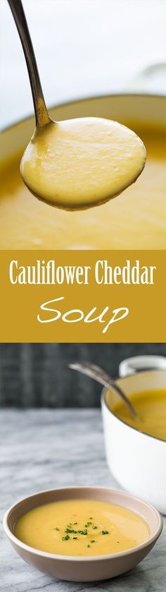 a spoon full of soup with the words cauliflower cheddar on it