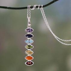 Multigem pendant necklace, 'Chakra Balance' - Indian Seven-Gemstone Chakra Necklace in 925 Sterling Silver Chakra Balance, Multi Gemstone Necklace, Energy Balancing, Blank Background, Chakra Beads, Crystal Energy, Chakra Necklace, Rainbow Necklace, Gold Designs