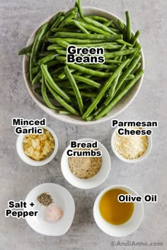 green beans and other ingredients in small white bowls on a gray background with text overlay