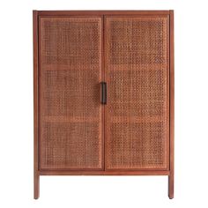 a wooden cabinet with wicker doors on the front and side panels, against a white background