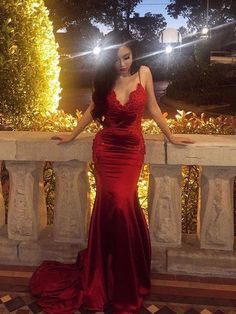 Sheath/Column Sleeveless Spaghetti Straps Sweep/Brush Train Applique Silk like Satin Dresses - Prom Dresses Necklace For Prom Dress, Cherry Red Dress Prom, Red Prom Dresses Long Elegant, Prom Red Dresses, Casino Prom, Red Prom Dresses Long, Wine Red Prom Dress, Backless Mermaid Prom Dresses, Dark Red Dress