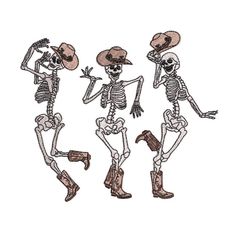 three skeletons in cowboy hats and boots are dancing