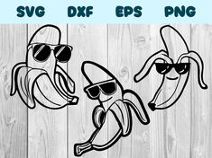 two bananas with sunglasses on each one and the words svg dxf eps png