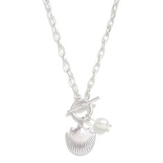 Add a touch of elegance to any outfit with our stunning Pearl and Shell Pendant Necklace. This necklace features a delicate 18 inch chain that beautifully complements the iridescent pearl and shell pendant. Perfect for both casual and formal occasions, this necklace will add a luxurious touch to your style. Elegant Shell Necklace With Lobster Clasp, Elegant Pearl Shell Necklace With Lobster Clasp, Elegant Pendant Shell Necklace With Lobster Clasp, Elegant Shell-shaped Necklace With Lobster Clasp, Elegant Shell Necklace With Lobster Clasp As Gift, Silver Elegant Shell-shaped Necklace, Elegant Silver Shell Necklace, Silver Shell Necklaces With Pearl Charm, Elegant Shell-shaped Necklace With Pearl Charm