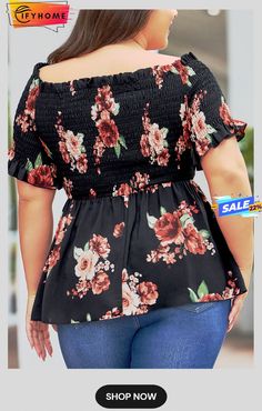 Black Floral Smocked Off Shoulder Plus Size Blouse Craft Smock, Off Shoulder Design, Plus Size Blouse, Crop Top Dress, Long Sleeve Short Dress, Daily Dress, Shoulder Design, Plus Size Blouses, Plus Size Tops