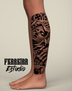 a woman's leg with tattoos on it and the words ferretia estudio