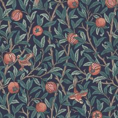 a wallpaper pattern with pomegranates and leaves on a dark blue background