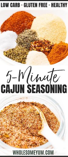 five minute cajun seasoning recipe in a glass bowl with the title overlay