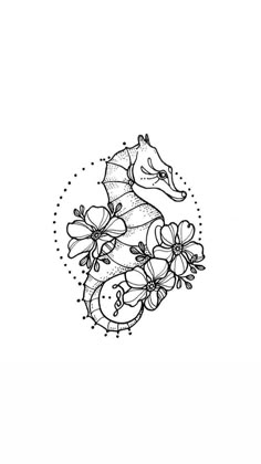 a black and white drawing of a sea horse with flowers on it's back