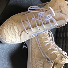 Beautiful Cream Giuseppe Sneakers. I Will Have Them Cleaned If Purchased. Once Soles R Cleaned There Is No Sign Of Wear. Purchased At Nm Fashion Show Las Vegas 2017. Guaranteed Authentic. Box And Dust Bag. Faux Snake Skin. Luxury Beige Round Toe Sneakers, Designer High-top Sneakers For Spring, Designer Cream Lace-up Sneakers, Designer High-top Lace-up Sneakers With Leather Sole, Designer High-top Sneakers With Laces, Designer Lace-up High-top Sneakers With Leather Sole, Cream Leather High-top Sneakers For Spring, Designer Leather Sneakers For Spring, Designer High-top Sneakers With Textured Sole