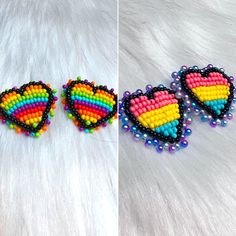 These awesome pride heart earrings are part of our new Valentine's Day Collection. It's packed full of beautiful pieces.  First Pair, These lovely little stud earrings are done in vibrant pan pride colors (pink, yellow and blue) with a pink and purple Pearl finish with a faux holographic leather finish. Second, These itty bitty seed bead heart earrings have a vibrant rainbow finish and holographic backing. Im also looking to make new pride flags so I'll be adding them in Slowly as i finish them! Seed Bead Heart, Pan Pride, Bead Heart, Pride Heart, Native Beading Patterns, Beadwork Designs, Beaded Hat, Beaded Earrings Tutorials, Beaded Earrings Diy