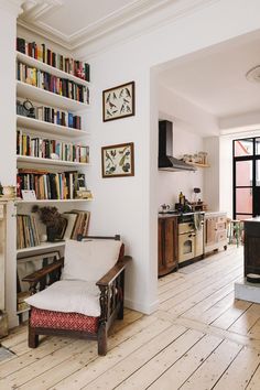 a living room filled with furniture and bookshelves next to a fire place in a kitchen