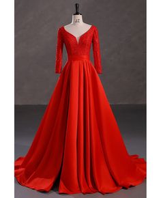 Best 11% off now! Buy elegant slit 3/4 sleeves sweetheart red prom dress with lace sequin top at affordable price online. Free shipping and pro custom service since 2009. Labyrinth Ball, Prom Dress With Lace, Delicate Gown, Dress Engagement, Gown Elegant, Red Long Sleeve Dress, Standard Dress, Evening Gowns Elegant, Red Gowns