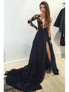 Bridelily A-Line Chiffon Bateau Long Sleeves Court Train With Lace Dresses - Prom Dresses Black Long Sleeve Prom Dress, Prom Dresses Long Black, Prom Dress With Train, Dresses Graduation, Prom Dress Long, Winter Formal Dresses, Evening Dresses With Sleeves, Long Evening Dress, Long Sleeve Prom