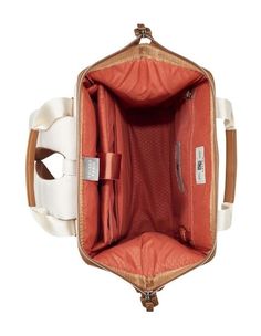 the inside of an orange and white handbag with two compartments on each side, open