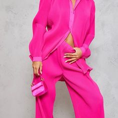 Hot Pink Plisse High Waisted Wide Leg Pants And Button Up Oversize Shirt Plisse Set, High Waisted Wide Leg Pants, Oversize Shirt, Oversized Shirt, Summer Wear, Playsuit Jumpsuit, Jumpsuits For Women, Leg Pants, Wide Leg Pants