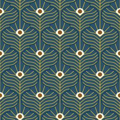 an art deco style wallpaper design with gold and blue leaves on a green background