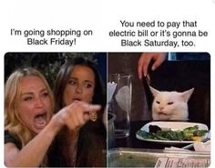 two pictures one with a cat and the other with a woman pointing at her food