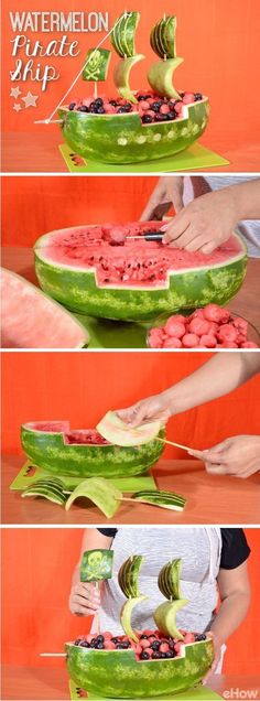 watermelon slices cut into pieces and placed on top of each other to make a boat