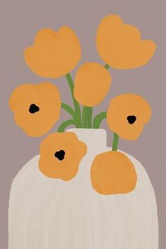 a painting of orange flowers in a white vase on a gray background with black dots