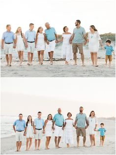 a family standing on the beach in front of the ocean with their parents and children