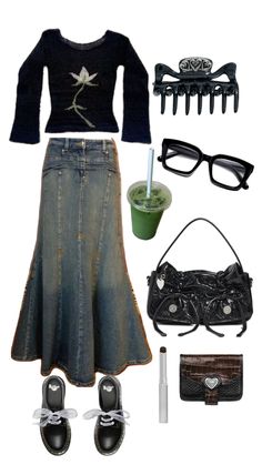 Docs, ice matcha, black purse, black honey, that girl, outfit inspo, fashion ideas, outfit ideas, black thick glasses Black Thick Glasses, Thick Glasses, Outfit Ideas Black, Jean Skirt Outfits, Black Jean Skirt, Long Jean Skirt, Knitted Shirt, Black Honey