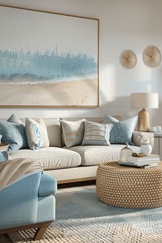 a living room filled with lots of furniture next to a painting on the wall above a coffee table